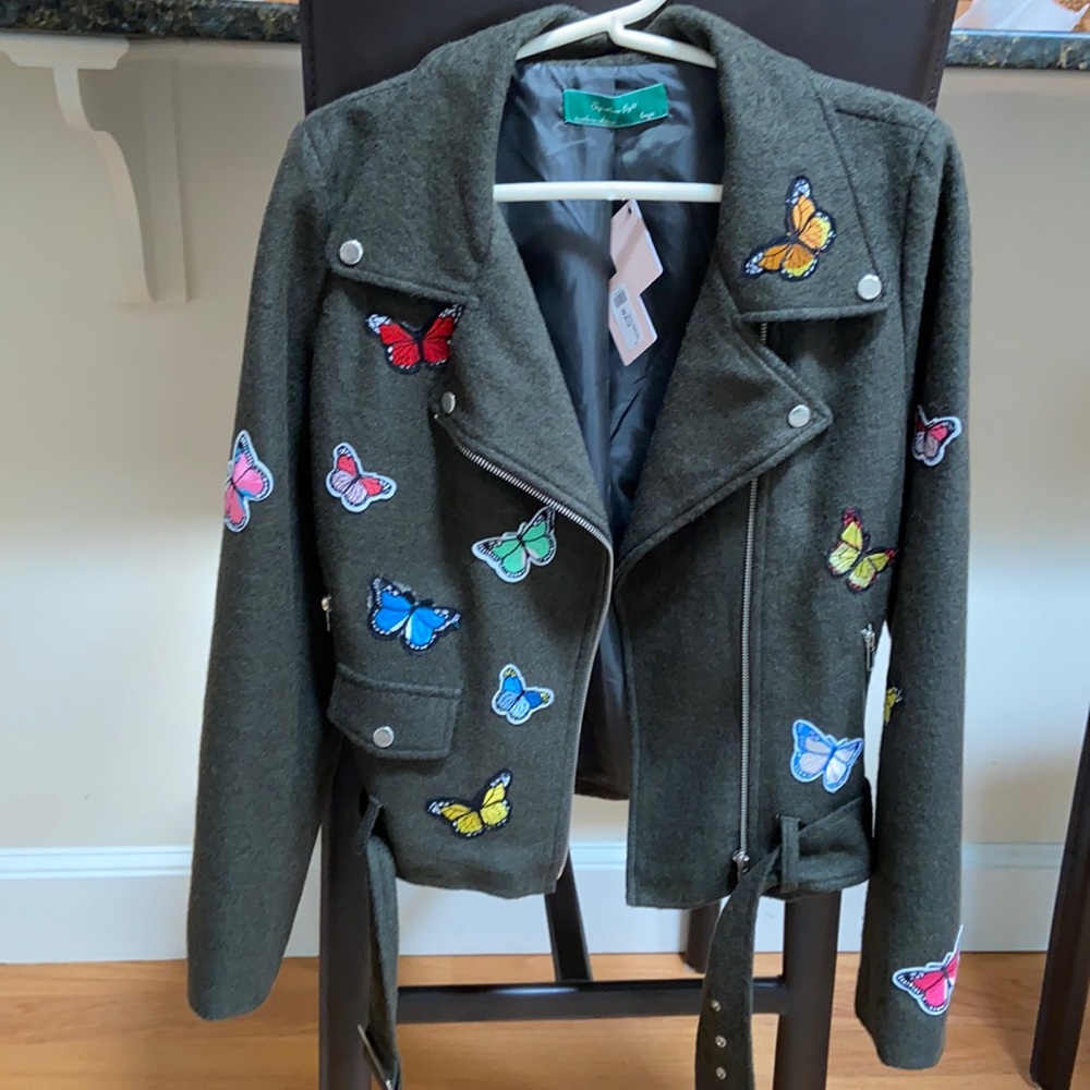 NWT Butterfly adorned belted Moto Jacket - OS